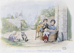 Barnspel: leken att fiska i en hink - dess. de Lobrichon, red. av Phosphatine Falieres, v.1920 av Timoleon Marie Lobrichon
