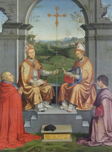 Helgonen Thomas Becket och Martin av Tours tillbedjs av biskop Giovanni Pietro Arrivabene och hans brorson Giacomo