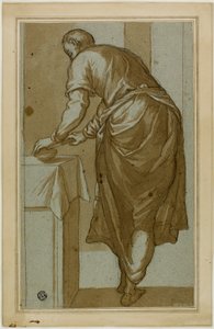Stående Man Sedd Bakifrån Skär Bröd av Tintoretto