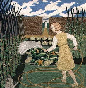 En kvinna som vattnar trädgården (handarbete) av Tirzah Ravilious