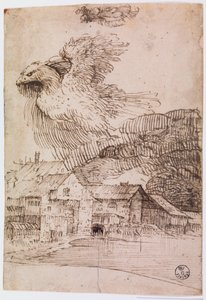 Hus och en örn (penna och bläck på papper)