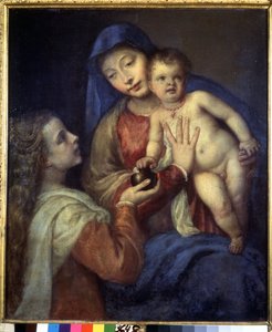 Madonna och barn med Maria Magdalena. Målning av Titian (Tiziano Vecellio eller Vecelli eller Tiziano da Cador