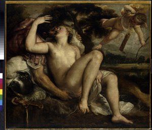 Mars, Venus och Amor. Målning av Tiziano Vecelli eller Vecellio eller Tiziano da Cador, kallad Titian eller Le Titian (cirka 1490-1576), olja på duk, cirka 1530. Italiensk konst (Venedig)