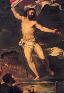 Kristi uppståndelse, detalj från centralpanelen av Averoldi altartavla, av Tiziano Vecellio (1488-1576), olja på duk, 278x292 cm, Collegiate Church of Saints Nazario and Celso, Brescia