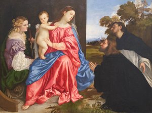 Heligt samtal, med de heliga Catherine och Dominic och donatorn, ca 1533 (olja på duk) av Titian (c.1488 1576)