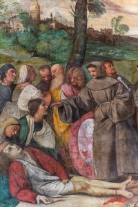 St Anthony fäster foten på en ung man, School of the Saint, detalj av 2197268 (fresk) av Titian (c.1488 1576)