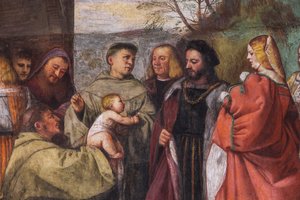 The Baby proklamerar moderns oskuld, den norra muren, School of the Saint, detalj av 2195188 och 2195385 av Titian (c.1488 1576)
