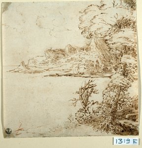Vy över en bergig kust (bläck på papper)