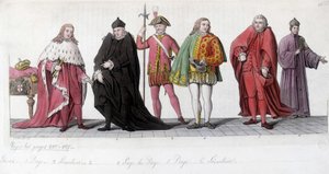 Nobles Venitians (Doge, Page och Senator). Gravyr inspirerad av Tiziano Vecellio känd som Le Titian (1485-1576) och replikerad i mosaikerna i Markuskyrkan. I "" Den gamla och moderna kostymen"" 1819-1820, av Jules Ferrario.