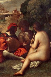 Bandkonserten Musiker på gräs, kvinnor är nakna. Detalj. Målning tillskriven Tiziano Vecellio dit le Titian (1485-1576) eller Giorgio da Castelfranco dit Giorgione (1476/1478-1510) Sön. 1,05 X 1,36 m Paris, Louvren