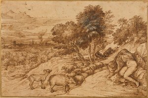 Ett skogslandskap med en naken kvinna, hennes huvud dolt av en kappa (penna & brunt bläck på krämpapper) av Titian (c.1488 1576)