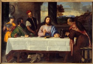 Middag på Emmaus Möt Jesus med peleriner. Målning av Tiziano Vecellio dit le Titian (1485-1576) 1500-talet sön. 1,69x2,44 m av Titian (c.1488 1576)