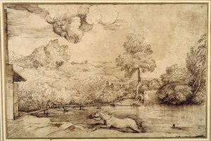Landskap: en ryttarelös häst förföljd av en orm (penna & brunt bläck på krämfärgat papper) av Titian (c.1488 1576)