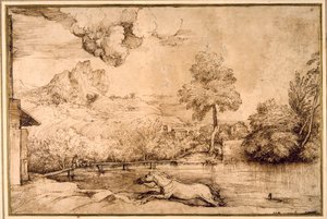 Landskap: en ryttarelös häst förföljd av en orm (penna & brunt bläck på krämpapper) av Titian (c.1488 1576)