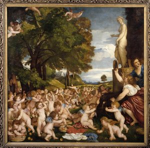 Offrande a Venus Små amours (angelots) samlas för att hylla gudinnan Afrodite - Målning av Tiziano Vecellio kallad Titian (1485-1576) 1518 Sun. 1,72 X 1,75 m Madrid musee du Prado - Tillbedjan av Venus - Målning av Tiziano Vecellio kallad Tit av Tiziano Vecelli