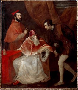 Påven Paul III och hans barnbarn (Alessandro och Ottavio Farnese) av Tiziano Vecelli
