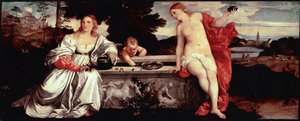 Helig kärlek och världslig kärlek Målning av Tiziano Vecellio kallad Titian (1490-1576) 1515 ca. Sol. 118x279 cm Rom, Galleria Borghese - Helig och profan kärlek - Målning av Tiziano Vecellio, kallad Titian (c.1488-1576), olja på duk, ca. 1515 (118x279 av Tiziano Vecelli