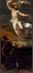 Den centrala panelens uppståndelse av polyptiken Averoldi. Målning på trä av Tiziano Vecellio kallad Titian (ca 1490-1576) 1500-talets Brescia, kyrkan av heliga Nazzaro och Celso av Tiziano Vecelli