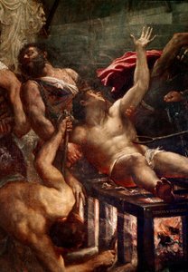 Saint Laurents martyrskap Supplice of Saint Laurent på grillen 258 i Rom. Detalj. Målning av Tiziano Vecellio kallad Tizianen (ca 1490-1576) 1548-1559 sön. 500x280 cm Venedig, jesviternas kyrka