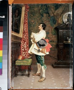 "Before a Portrait" (Before a Portrait) En man, klädd i uniformen av en 1600-talsmusketör, beundrar en målning (sitt eget porträtt) Målning av Tito Conti (1842-1924) Mikhail Kroshitsky Art Museum, Sevastopol (Sevastopol) Ukraina av Tito Conti