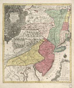 Relief visad bildmässigt. Täcker också New England (förvrängd) och norra Chesapeake-regionen. Titel på latin; anteckningar på tyska och latin; legend på latin, tyska och engelska. Oidentifierad meridian. Provinser angivna av kol. tvättar; landskap och län  av Tobias Conrad Lotter