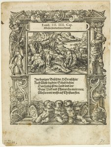 Moses and the Burning Bush (recto) och The Infant Moses Put into the River (verso) från Neue künstliche Figuren biblischer Historien, plåt 55 från Woodcuts from Books of the XVI Century av Tobias Stimmer