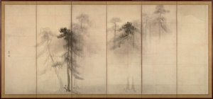 Pine Trees Till vänster om ett par sexsektionerade vikskärmar, 1500-tal