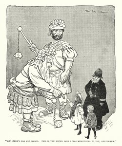 "Ah! Här är Gog och Magog, det här är den unga damen jag nämnde för er, mina herrar" (litho) av Tom Browne