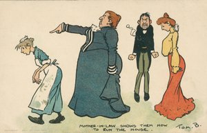 Dominerande svärmor som instruerar ett ungt par om hur de ska sköta sitt hushåll (färg litho)