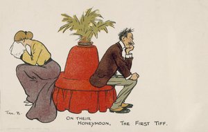 Första argumentet av ett par på smekmånad (färglitografi) av Tom Browne