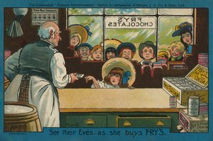 Flicka köper choklad i en butik (färglitografi) av Tom Browne