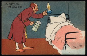 Man som jagar loppor i sin säng (chromolitho) av Tom Browne