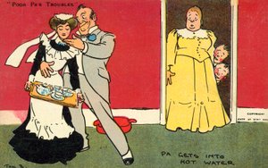 Pappa hamnar i varmt vatten (chromolitho) av Tom Browne