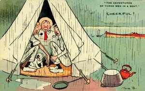 Tre män i en båt (färglitografi) av Tom Browne