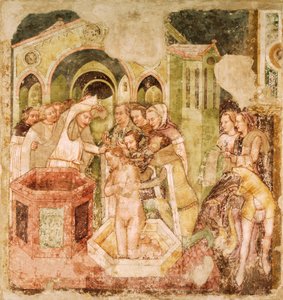 Legend of St Ursula: Baptism of Prince of England, av Tommaso da Modena (1326-1379), fresk, Church of Santa Caterina, Treviso