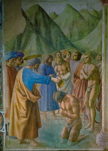 Sankt Petrus döper en neofyt (fresk) av Tommaso Masaccio