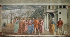 Tribute Money - Le paiement du tribut (Hyllningen) - Fresco av Tommaso di ser Giovanni di Mone Cassai dit Masaccio (1401-1428), 254,5x598,3 cm