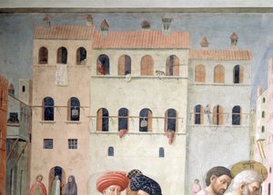 St. Peter Healing a Cripple and the Raising of Tabitha Detalj av bakgrundsarkitekturen, ca 1427 fresk se även 57195 av Tommaso Masolino da Panicale