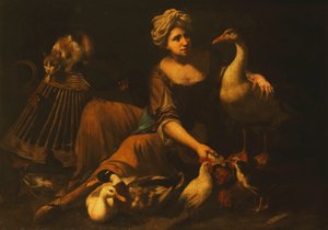 En flicka som matar tuppar, med en katt på en korg, en gås, anka och andra fåglar av Tommaso Salini