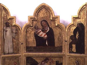 Madonna och barn med St. Benedict och St. Hieronymus, övre halvan av triptyk (se även 78652) av Tommaso da Modena Barisino or Rabisino