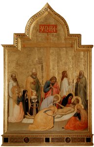Pieta med Saint Remigius och Saint Benedict (tempera på trä, ca 1365) av Tommaso di Stefano Giottino