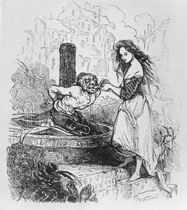 Esmeralda ger Quasimodo en drink, illustration från "The Hunchback of Notre Dame" av Victor Hugo