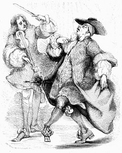 Molière: Den borgerlige gentlemannen, herr Jourdain dansar under ledning av sin musikmästare. Gravyr av Tony Johannot i utgåvan av de fullständiga verken, Paulin 1836.