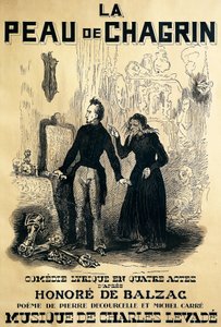 Affisch för Le peau de chagrin, komisk opera, libretto av Pierre Decourcelle och Michel Carre, musik av Charles Levade, från roman av Honore De Balzac, teckning av Tony Johannot av Tony Johannot