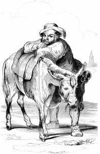 Sancho Panza (Panca), väpnare till Don Quijote (Quijote, Quixote) och hans åsna. Illustration av Cervantes roman utgiven i Frankrike 1845 av Dubochet  Cie, översättning av Louis Viardot, gravyrer av Ony Johannot.