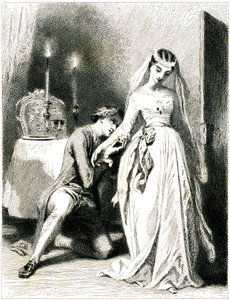 Suckande älskare knäböjer vid fötterna på sin vackra förlovning i en interiör med levande ljus - flicka i romantisk klänning och frisyr - gravyr (etsning 1845) av Tony Johannot (Antoine Johannot dit av Tony Johannot