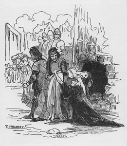 Soldater som släpar bort en kvinnlig fånge, illustration till "Puckelryggen från Notre Dame" av Victor Hugo (1802-85) (xylograf)