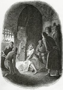 Förhöret av Esmeralda - illustration från Notre Dame de Paris, 1800-talet (bw gravyr)