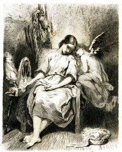 Ung kvinna (spinnare) sover vid sitt hjul - en angelot lutar sig över hennes axel - sömn - dröm - drömmeri - kärlek - gravyr (etsning 1845) av Tony Johannot (Antoine Johannot dit av Tony Johannot