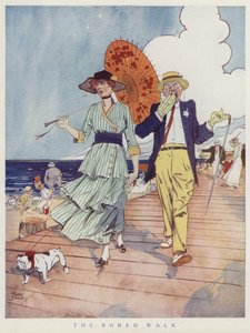 Par på strandpromenaden, uttråkade av varandras sällskap (färg litho)